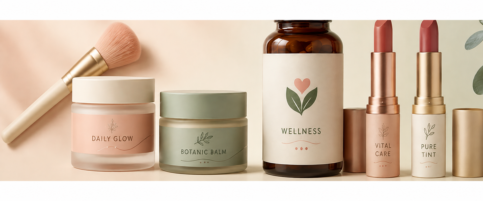 Skincare and beauty essentials — face cream, botanic balm, wellness supplements, and lipstick tints, arranged on a shelf.