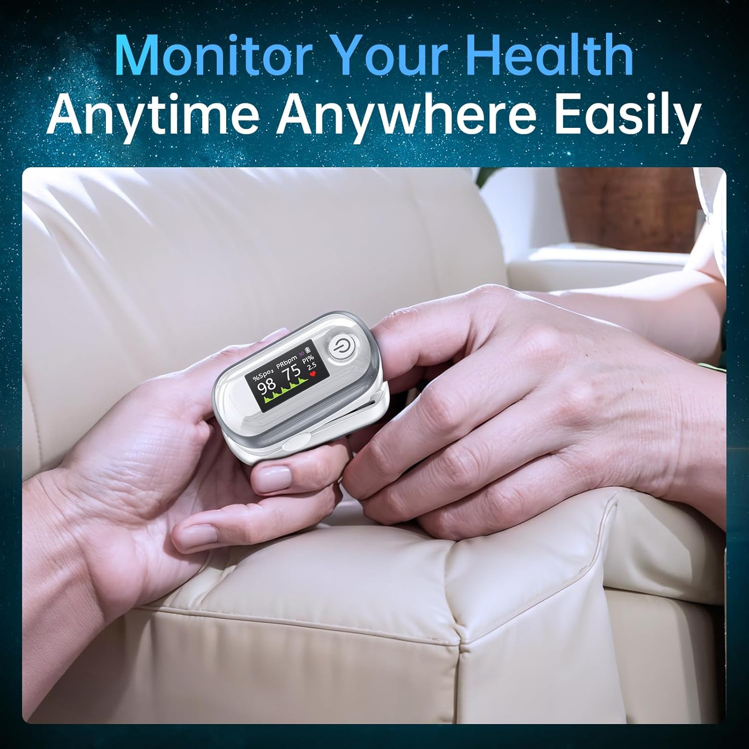 Alecaremed Pulse Oximeter, 4 Color OLED Display Oxygen Monitor Fingertip with 20 × Memory, Blood Oxygen Saturation Monitor (SpO2), Alarm & Brightness Adjustable, Batteries & Lanyard (White) - Image 3