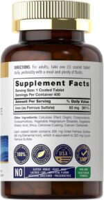 Carlyle Iron Ferrous Sulfate 325mg, 65 mg | 400 Tablets | Non-GMO, Gluten Free, and Vegetarian Supplement | High Potency - Image 3