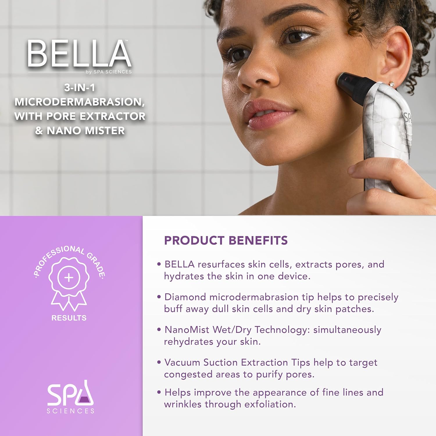 Spa Sciences - Bella Microdermabrasion Pore Extractor & Nano Mister - 3-in-1 - Exfoliation & Pore Purification - Hydrating, Refreshing, Soothing - for All Skin Types - Rechargeable - Image 3