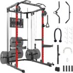 GarveeHome 2000 LBS Power Cage, Squat Rack, Multifunctional Weight Cage with Cable Crossover System and LAT Pulldown, Workout Cage with Adjustable Safety Bars for Home Gym, Red - Image 2