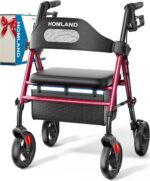 HOMLAND Foldable Rollator Walkers with Seat for Seniors, 8'' Big Wheels, 350 lb. Weight Capacity, Adjustable Handles and Seat Height, Lightweight Rolling Walker, Red - Image 2