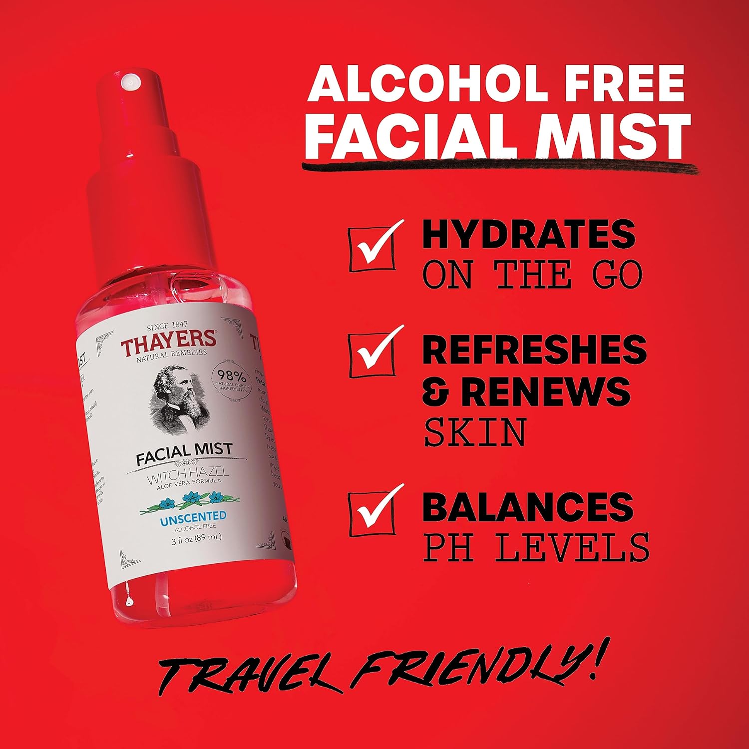 Thayers Alcohol-Free Witch Hazel Facial Mist Toner with Aloe Vera, Unscented, Soothing and Hydrating, for All Skin Types, Trial Size, 3 oz - Image 3