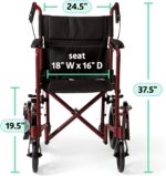 Medline Lightweight Foldable Transport Wheelchair with Handbrakes and 12-Inch Wheels, Red Frame, Black Upholstery - Image 5