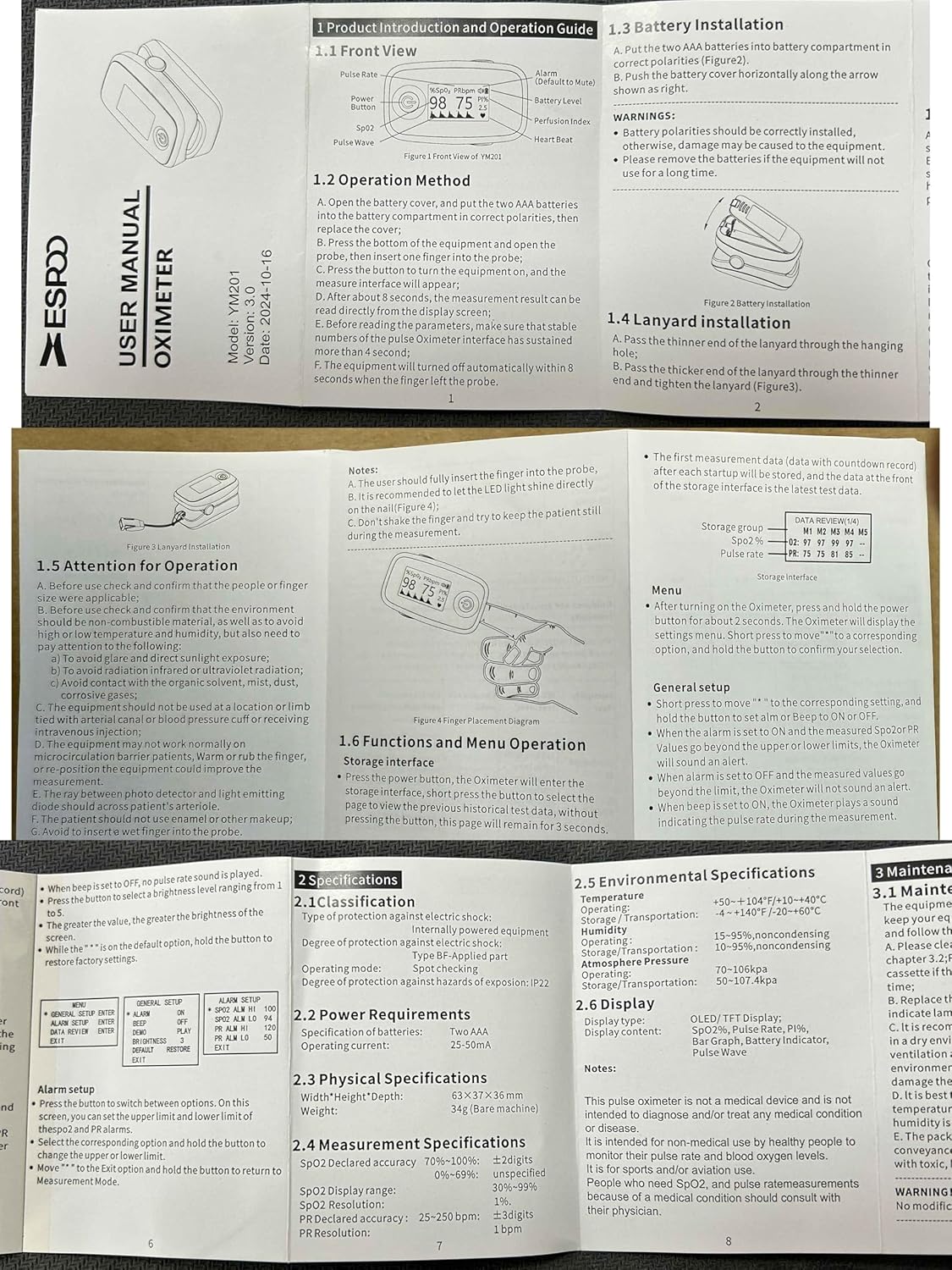 ESPOO Pulse Oximeter with 20 Memory, Oxygen Monitor Fingertip 4 Color TFT Display(SPO2), Alarm & Brightness Adjustable, Batteries & Lanyard Include(White&Black) - Image 8
