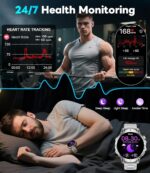 LIGE Military Smart Watches for Men(2 Bands),1000mAh/1.85" HD Large Screen Smartwatch, Flashlight/110+ Sports Modes/IP68 Waterproof/Sleep Monitor, Fitness Tracker Watch for iOS Android,Silver - Image 4