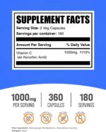 BulkSupplements.com Ascorbic Acid Capsules - Ascorbic Acid Vitamin C 1000mg, Vitamin C Supplement - Vegan & Gluten Free, 2 Capsules per Serving, 360 Count (Pack of 1) - Image 3
