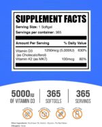 BulkSupplements.com Vitamin D3 + K2 5000 IU Softgels - D3 K2 Supplement, for Immune Health - Gluten Free, 1 Softgel per Serving, 365 Count (Pack of 1) - Image 3