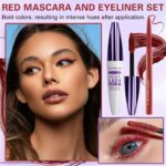 Burgundy Mascara and Eyeliner Set 5D Red Mascara for Eyelashed, Volumizing Curling Defining Eye Lashes, Long-Lasting Waterproof Red Eyeliner - Image 3