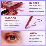 Burgundy Mascara and Eyeliner Set 5D Red Mascara for Eyelashed, Volumizing Curling Defining Eye Lashes, Long-Lasting Waterproof Red Eyeliner - Image 5