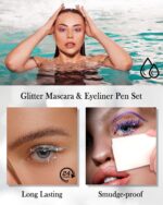 Silver Glitter Mascara + Eyeliner Pen Set, Shimmer Volume Colorful Mascara, Sparkling Liquid Eyeliner, Waterproof, High-Pigmented, All-Day Wear Shine Eye Makeup for Dazzling Looks - Image 6