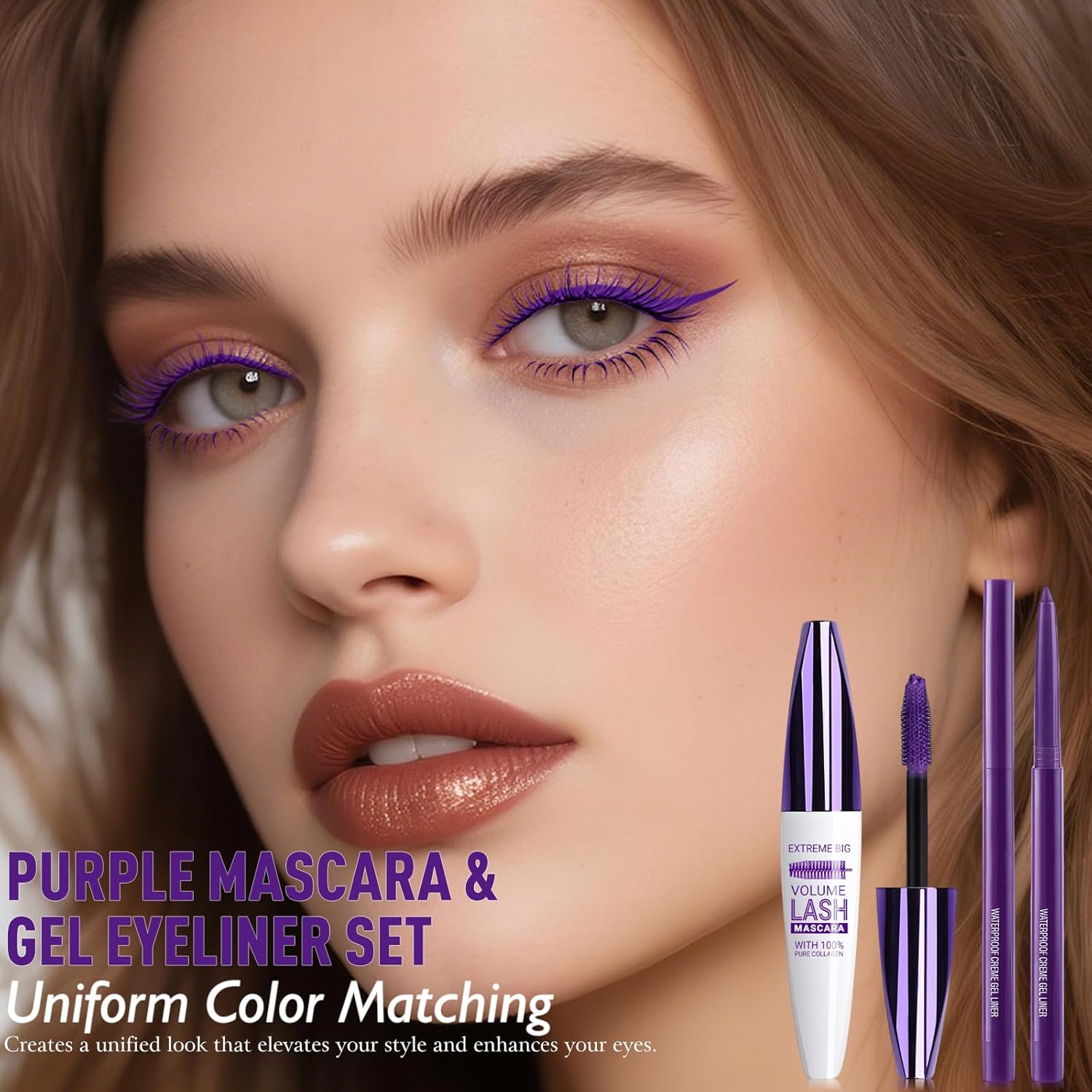 Purple Eyeliner Mascara Set, 5D Colored Mascara Volume Length Smudge-Proof Smooth Shine Gel Eyeliner Pencil Waterproof Natural Curling Purple Mascara for Eyelashes Makeup for Women - Image 3