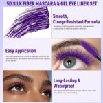 Purple Eyeliner Mascara Set, 5D Colored Mascara Volume Length Smudge-Proof Smooth Shine Gel Eyeliner Pencil Waterproof Natural Curling Purple Mascara for Eyelashes Makeup for Women - Image 4