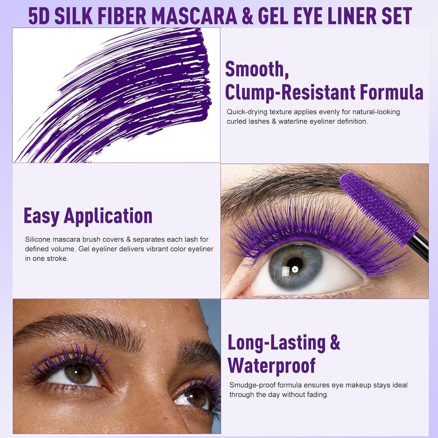 Purple Eyeliner Mascara Set, 5D Colored Mascara Volume Length Smudge-Proof Smooth Shine Gel Eyeliner Pencil Waterproof Natural Curling Purple Mascara for Eyelashes Makeup for Women - Image 4