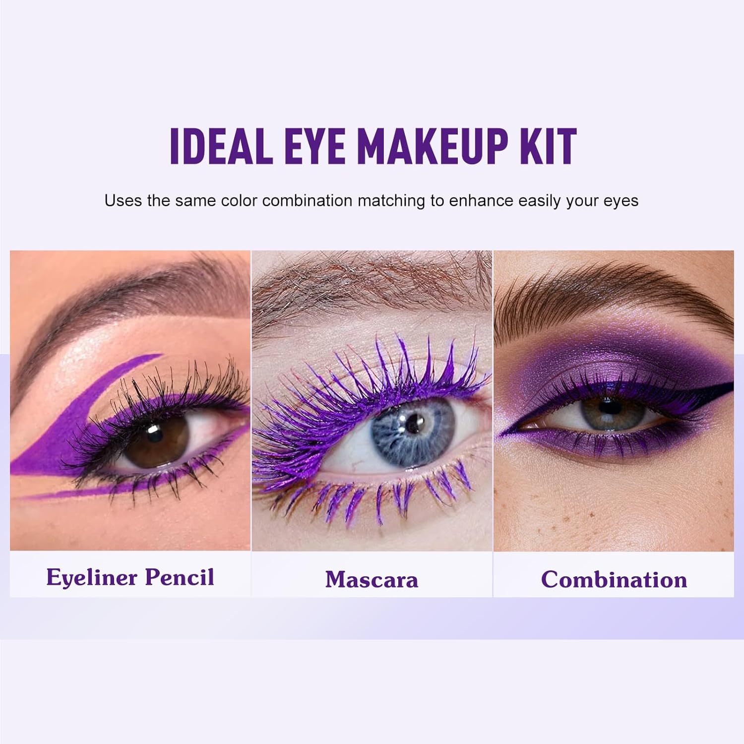 Purple Eyeliner Mascara Set, 5D Colored Mascara Volume Length Smudge-Proof Smooth Shine Gel Eyeliner Pencil Waterproof Natural Curling Purple Mascara for Eyelashes Makeup for Women - Image 5
