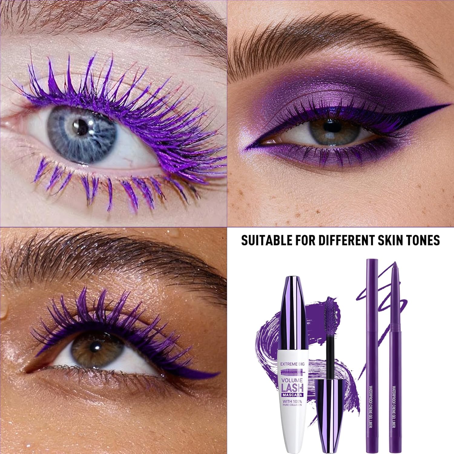 Purple Eyeliner Mascara Set, 5D Colored Mascara Volume Length Smudge-Proof Smooth Shine Gel Eyeliner Pencil Waterproof Natural Curling Purple Mascara for Eyelashes Makeup for Women - Image 8