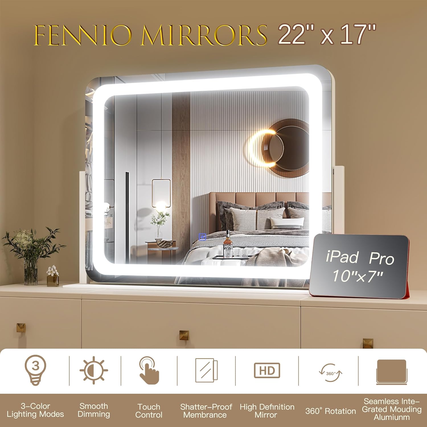 FENNIO Vanity Mirror with Lights 22''x17'' Makeup Mirror with Lights,Vanity Mirror Touch Screen with 3-Color Lighting,Dimmable,for Vanity Desk Tabletop - Image 6