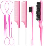 Aigee 8Pcs Hair Styling Combs Set Include 4Pcs Topsy Hair Tail Tools 2 Styles of Rat Tail Comb,1Pcs Bristle Teasing Slick Back hair Brush,1Pcs Edge Control Brush,Eyebrow Brush for Woman Girl Pink - Image 2