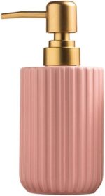 Chic Cylinder-Shaped Soap Dispenser, Vertical Stripe Design with Gold Pump, Ceramic Lotion Dispenser(Pink) - Image 2