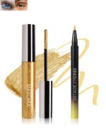 Glitter Metallic Gold Mascara and Liquid Eyeliner Pen Set Volume and Length, Waterproof Colored Lash Extensions Tubing Shimmer Mascara & Eye Liner Makeup Duo,Voluminous No Clumping Lasting All Day - Image 2