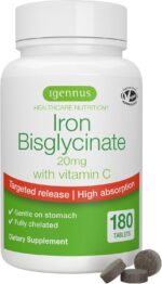 Igennus Clean Iron Bisglycinate 20mg, Vitamin C, 6 Month Supply, Gentle Chelated High Absorption Formula & Targeted Release Ferrous Bisglycinate for Women and Men, One Daily, Vegan, 180 Tablets - Image 2
