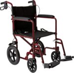 Medline Lightweight Foldable Transport Wheelchair with Handbrakes and 12-Inch Wheels, Red Frame, Black Upholstery - Image 2