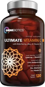 OmniBiotics Ultimate Vitamin C Supplement 2000mg – with Zinc, Elderberry Extract, and D3 – High Potency Immune Support & Collagen Booster – 120 Vegan Tablets - Image 2