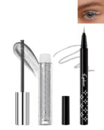Silver Glitter Mascara + Eyeliner Pen Set, Shimmer Volume Colorful Mascara, Sparkling Liquid Eyeliner, Waterproof, High-Pigmented, All-Day Wear Shine Eye Makeup for Dazzling Looks - Image 2