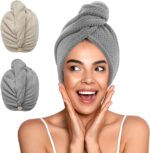 YFONG 2 Pack Microfiber Hair Towel Wrap for Women, Super Absorbent Quick Dry Hair Turban for All Hair Style Anti Frizz, Large Hair Drying Towel with Button - Image 2